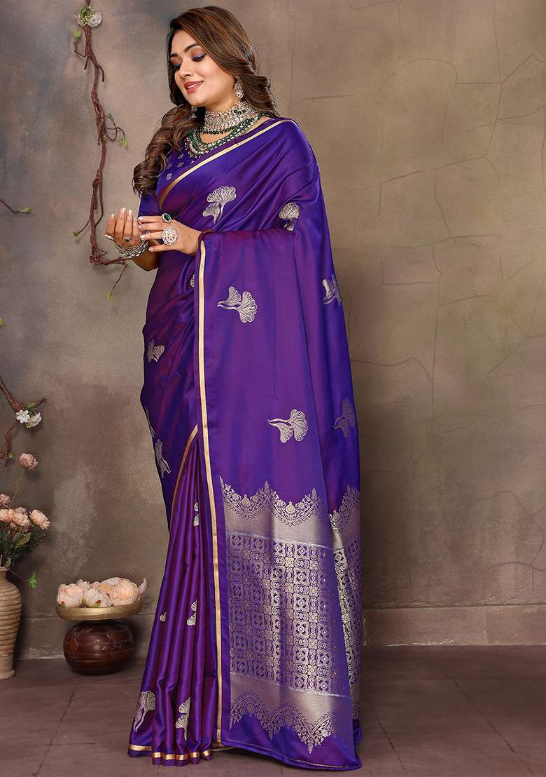 Purple Floral Silk Blend Saree Set for Diwali and Festive Wear - Indya