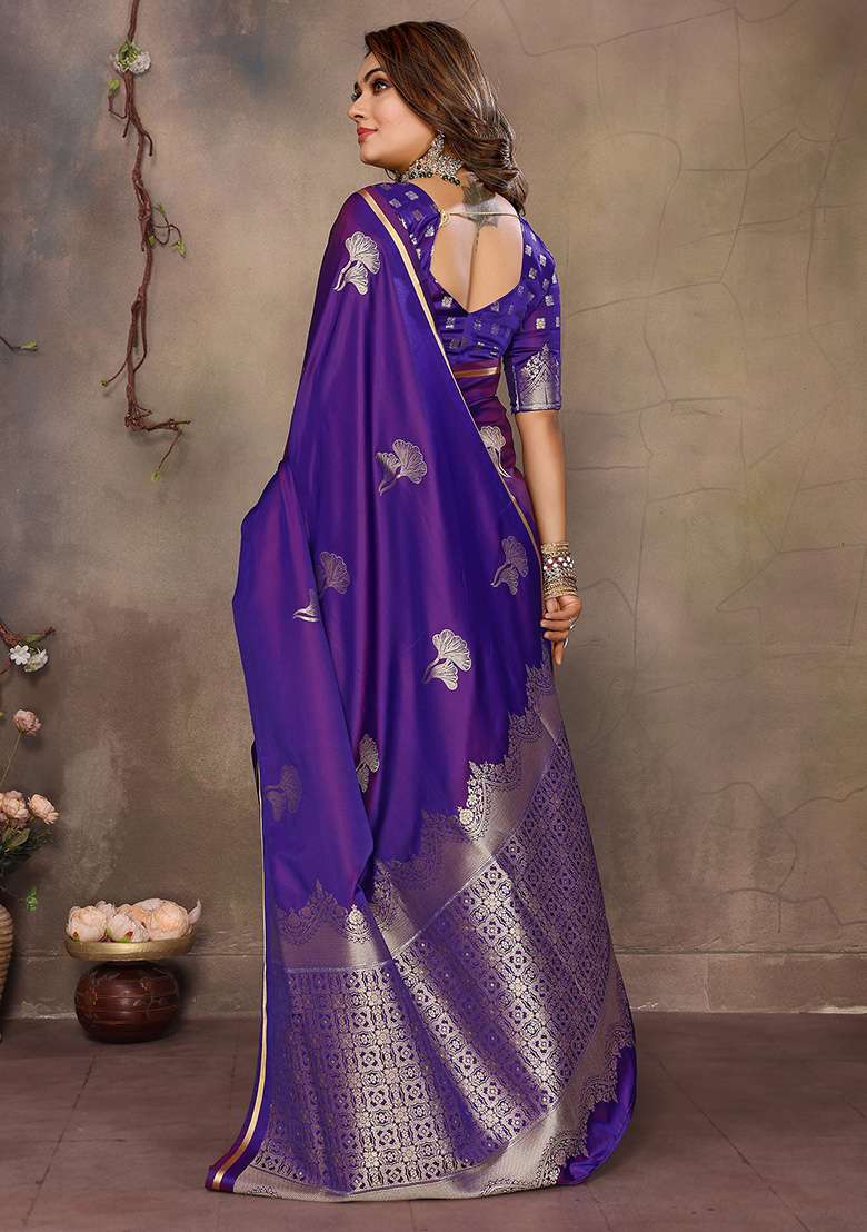 Purple Floral Silk Blend Saree Set for Diwali and Festive Wear - Indya