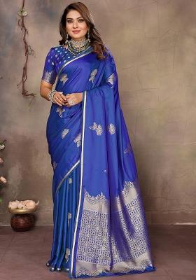 Blue Floral Silk Saree Set
