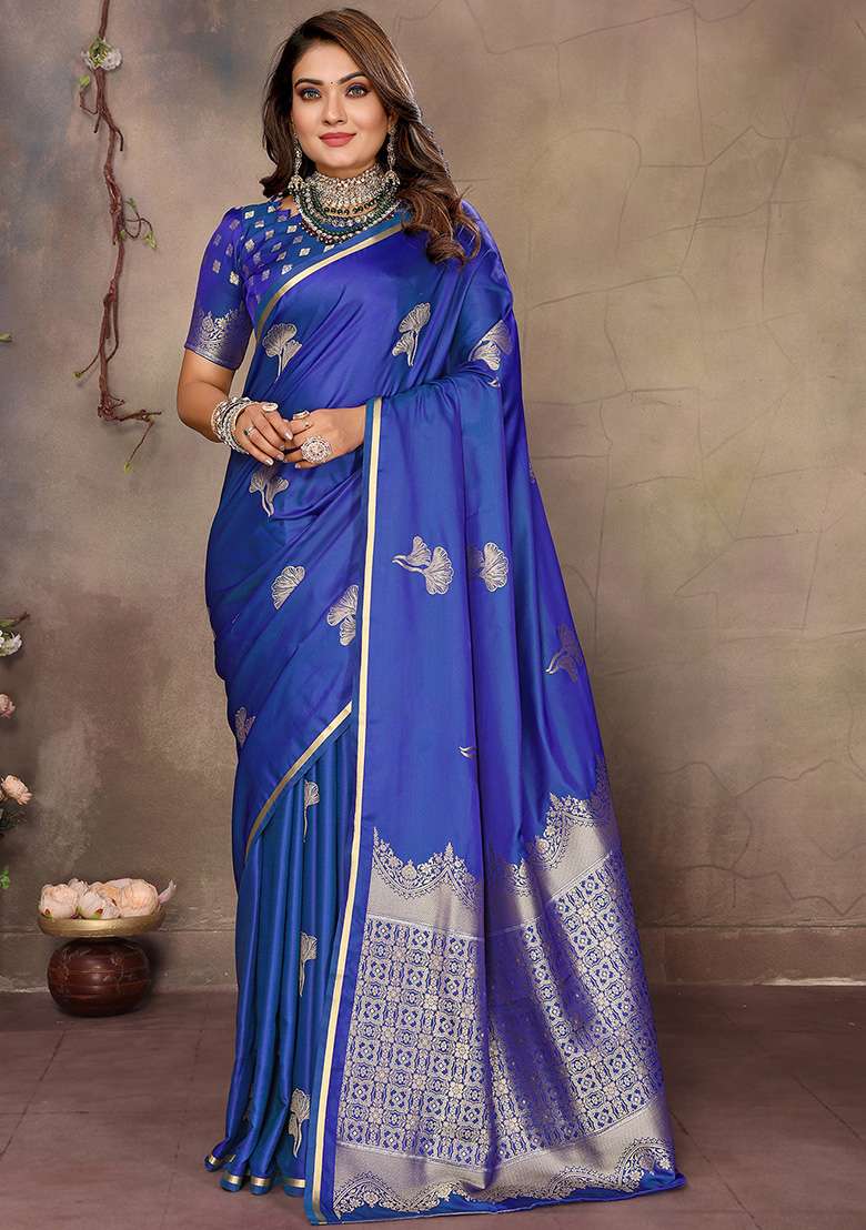 Blue Floral Silk Blend Saree Set for Diwali | Wedding & Festive Wear - Indya