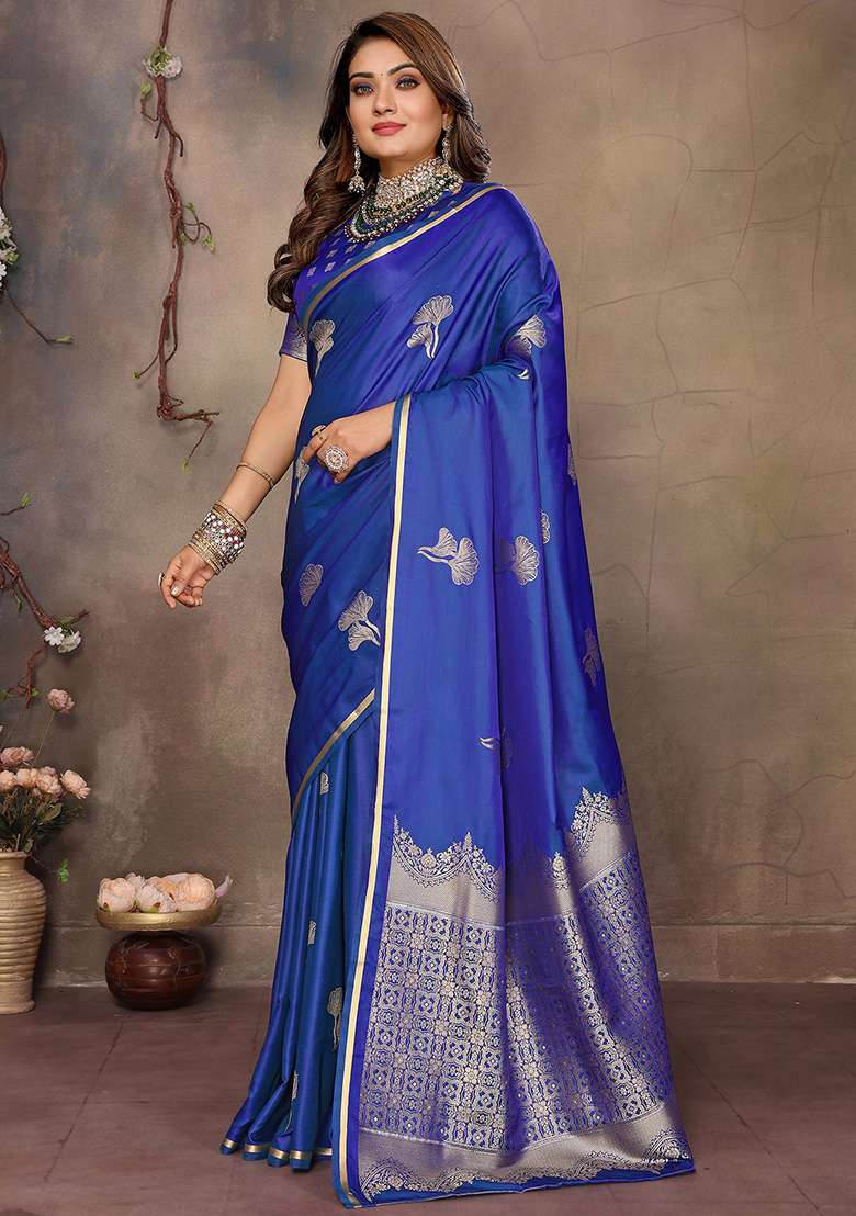 Blue Floral Silk Blend Saree Set for Diwali | Wedding & Festive Wear - Indya