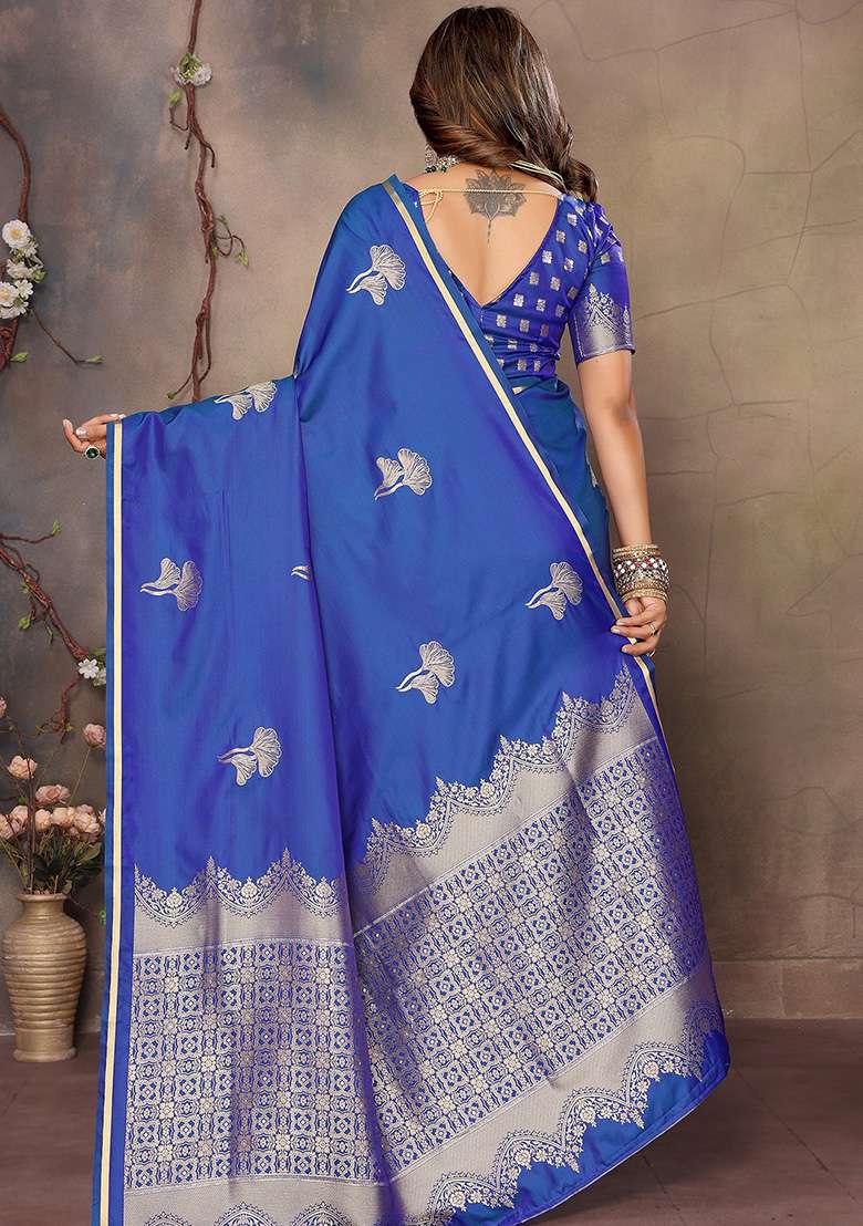 Blue Floral Silk Blend Saree Set for Diwali | Wedding & Festive Wear - Indya