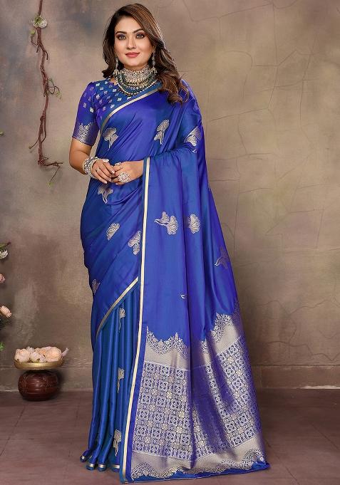 Blue Floral Silk Saree Set