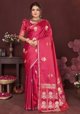 Pink Floral Silk Saree Set