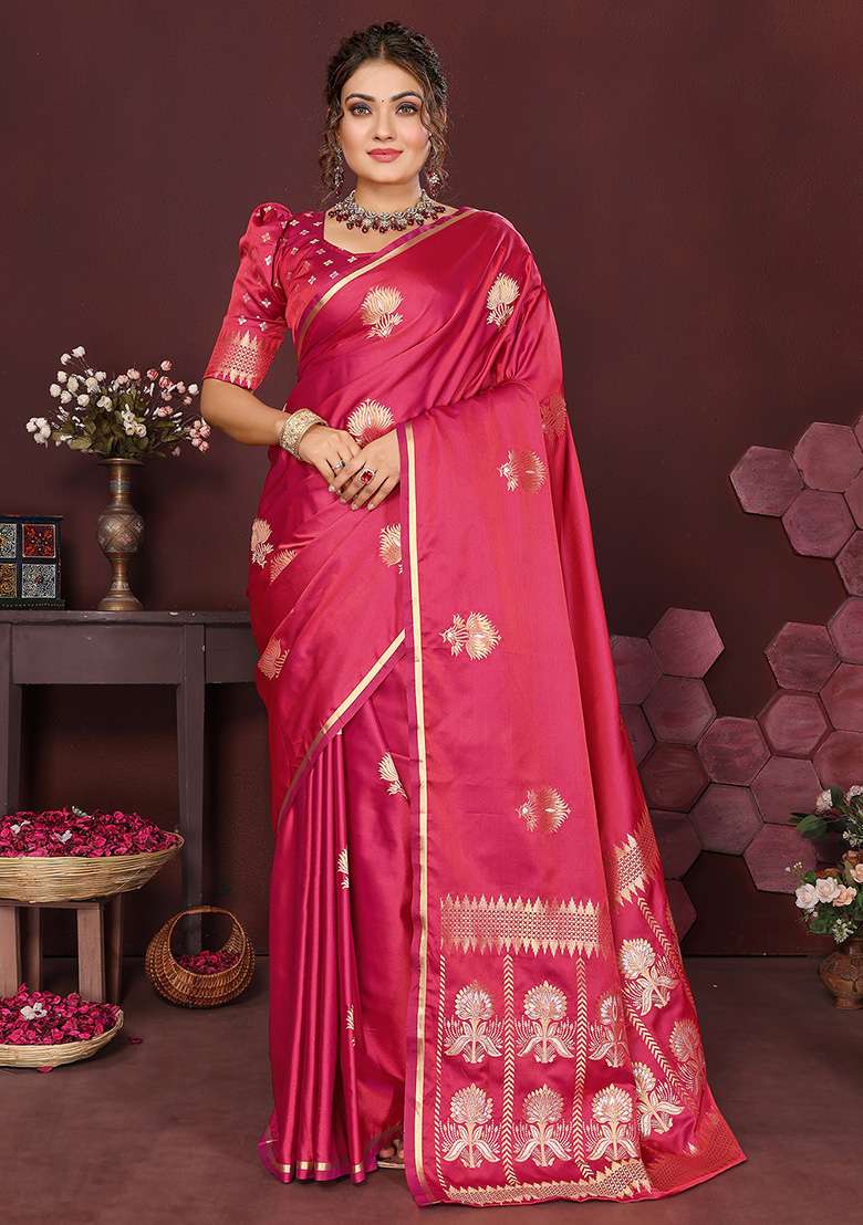 Pink Floral Silk Blend Saree Set for Diwali and Festive Wear - Indya