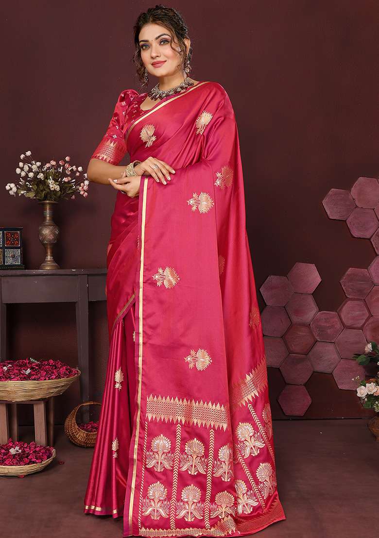 Pink Floral Silk Blend Saree Set for Diwali and Festive Wear - Indya