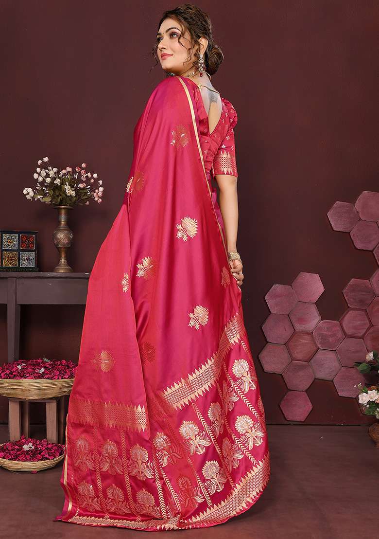 Pink Floral Silk Blend Saree Set for Diwali and Festive Wear - Indya