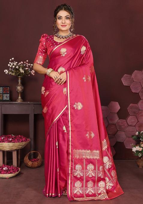 Pink Floral Silk Saree Set