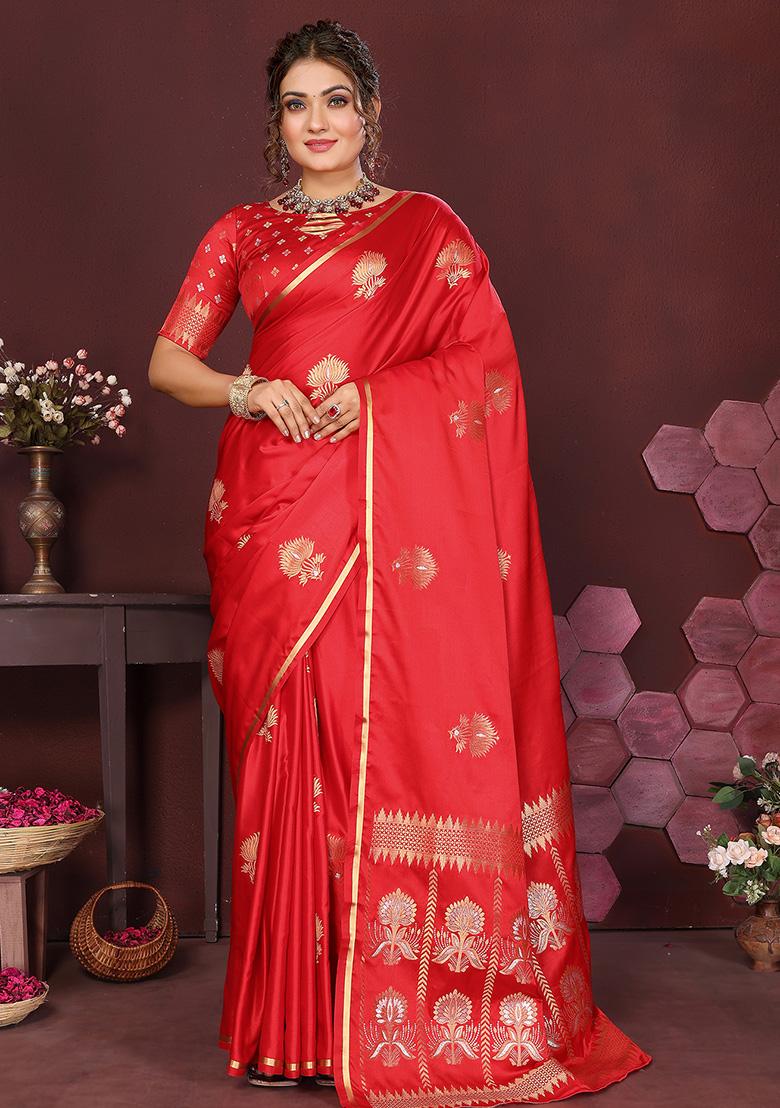 Red Floral Silk Saree Set