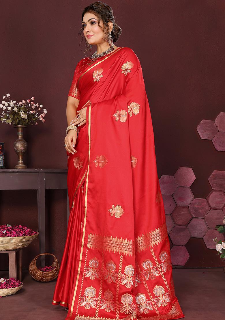 Red Floral Silk Saree Set