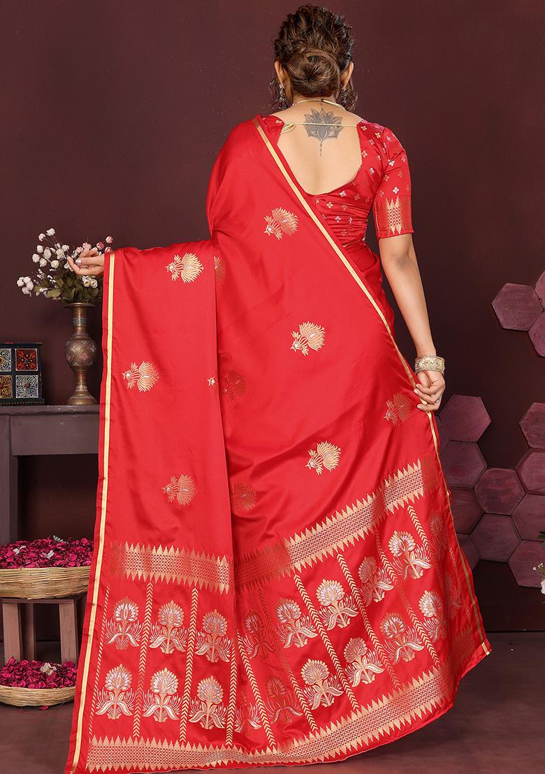 Red Floral Silk Saree Set