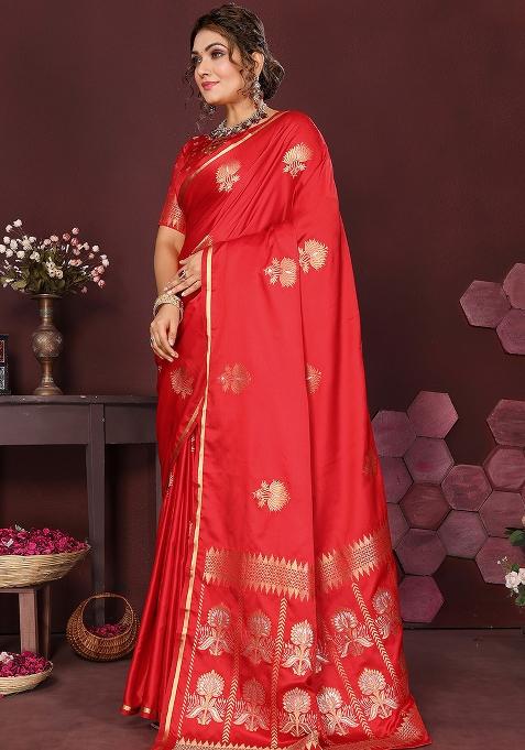 Red Floral Silk Saree Set