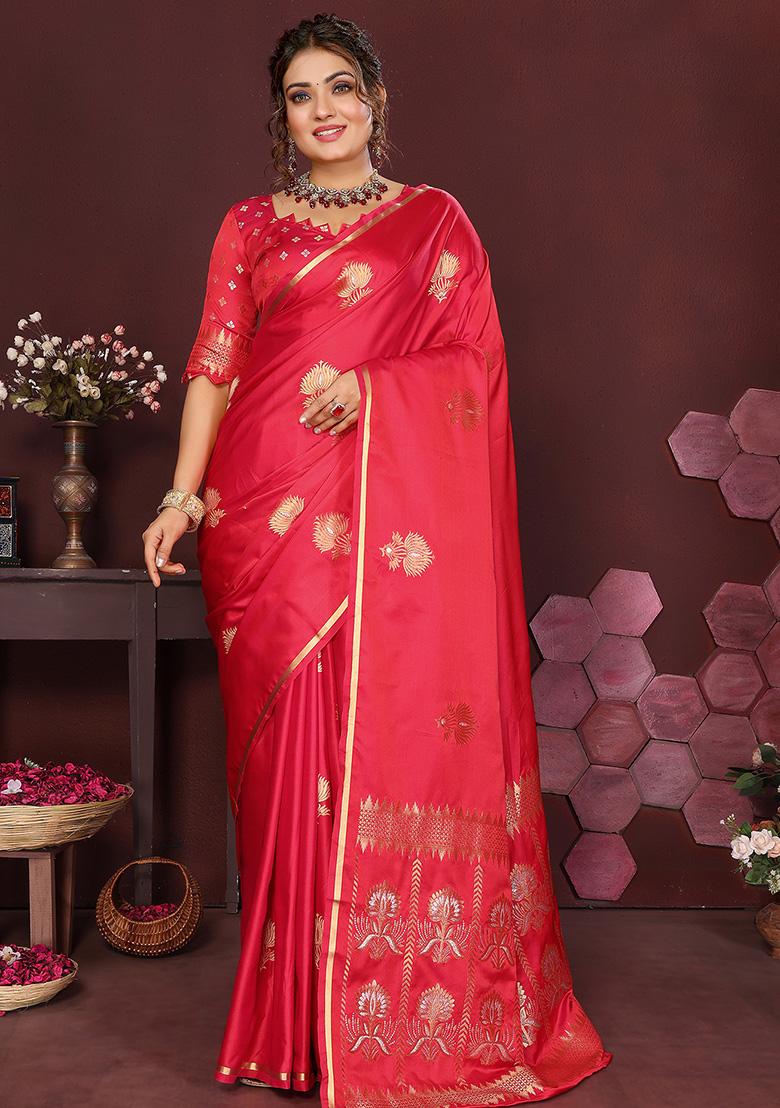 Reddish-Pink Floral Silk Saree Set