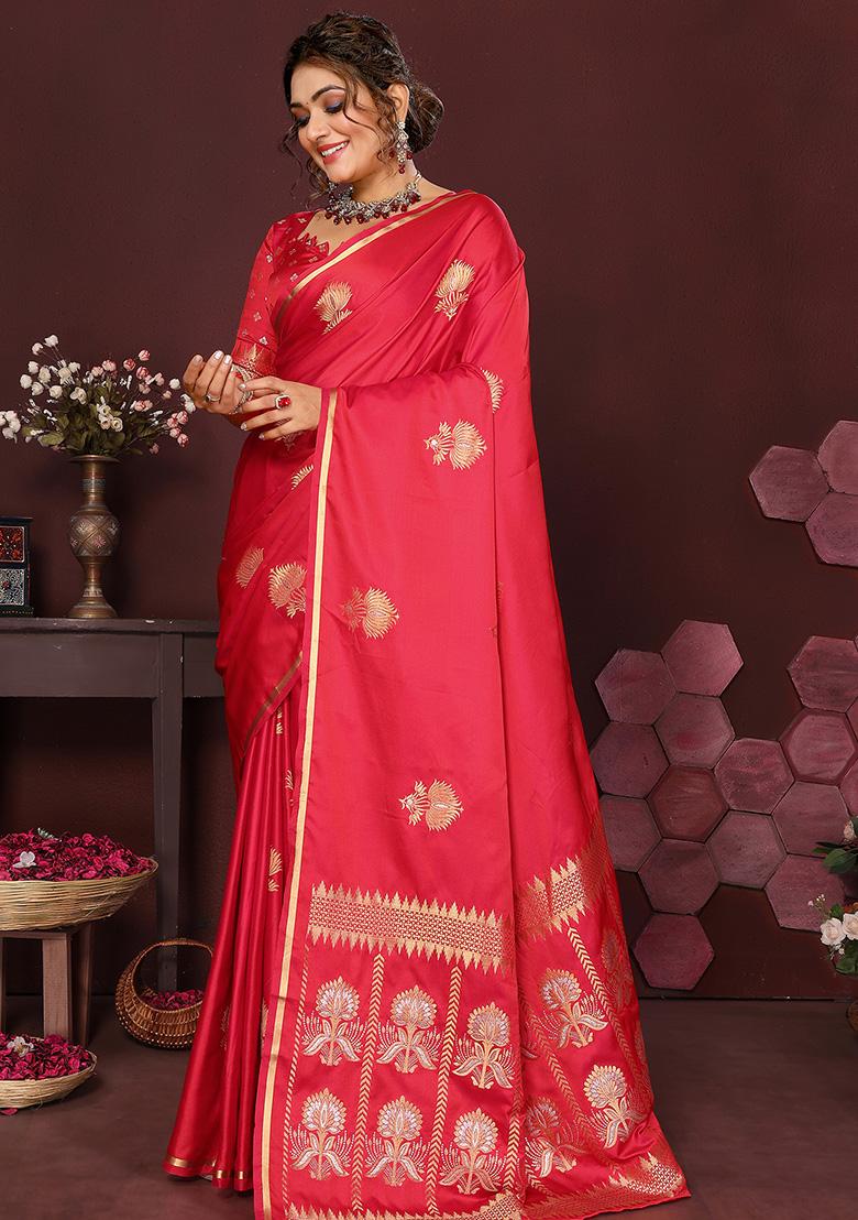Reddish-Pink Floral Silk Saree Set