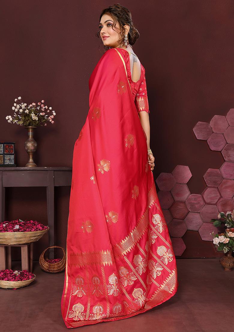 Reddish-Pink Floral Silk Saree Set