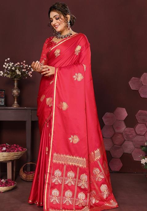 Reddish-Pink Floral Silk Saree Set