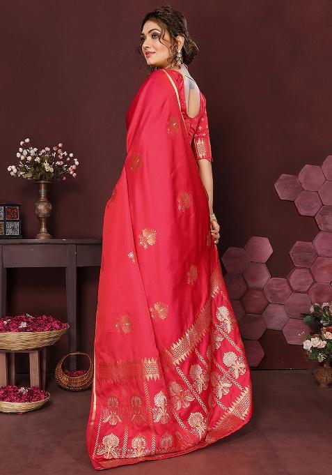 Reddish-Pink Floral Silk Saree Set