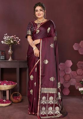 Wine Floral Silk Saree Set