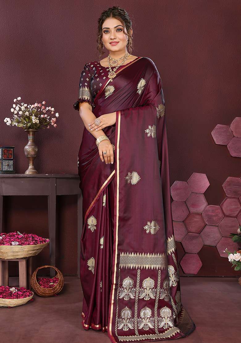 Wine Floral Silk Blend Saree Set for Diwali | Wedding & Festive Wear - Indya