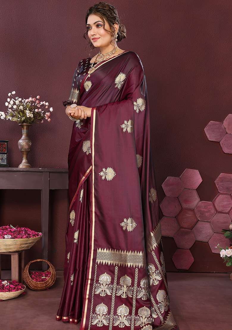 Wine Floral Silk Blend Saree Set for Diwali | Wedding & Festive Wear - Indya