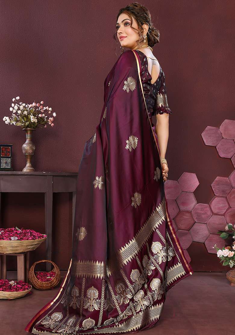 Wine Floral Silk Blend Saree Set for Diwali | Wedding & Festive Wear - Indya