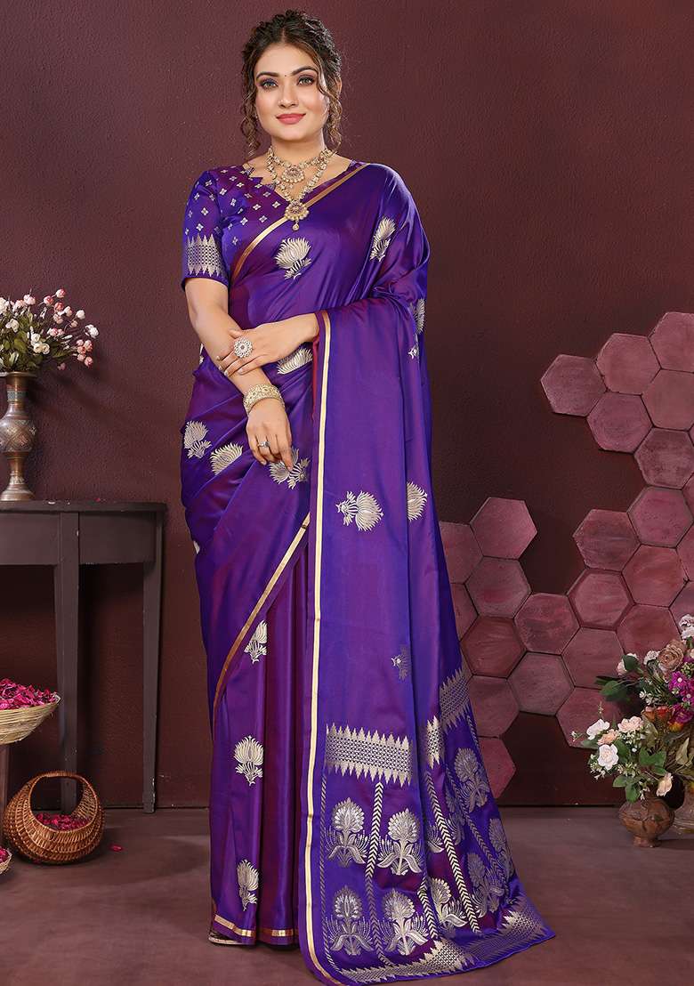 Purple Floral Silk Blend Saree Set for Diwali | Wedding & Festive Wear - Indya