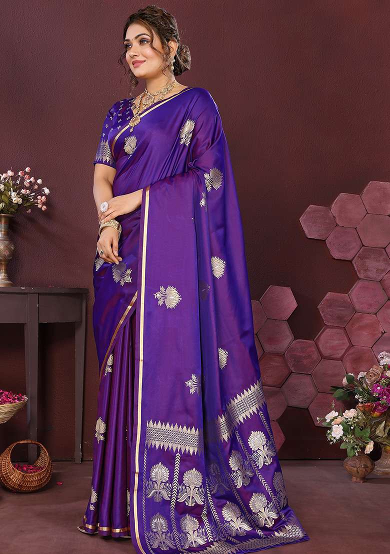 Purple Floral Silk Blend Saree Set for Diwali | Wedding & Festive Wear - Indya