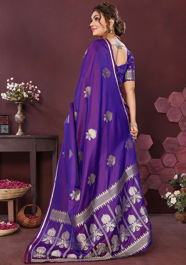 Purple Floral Silk Blend Saree Set for Diwali | Wedding & Festive Wear - Indya