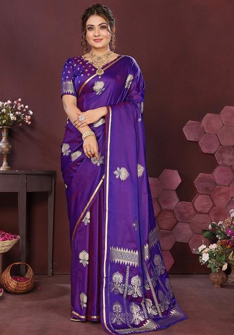 Purple Floral Silk Saree Set