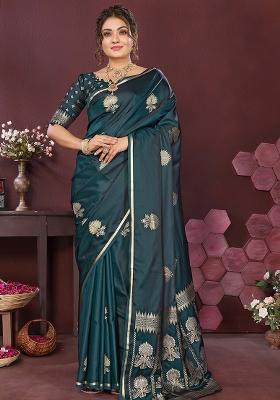 Emerald Green Floral Silk Saree Set