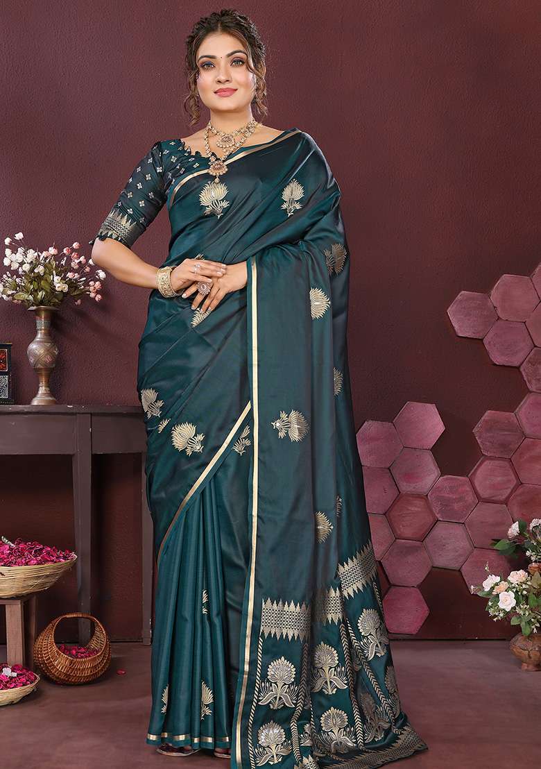 Emerald Green Floral Silk Blend Saree Set for Diwali | Wedding & Festive Wear - Indya
