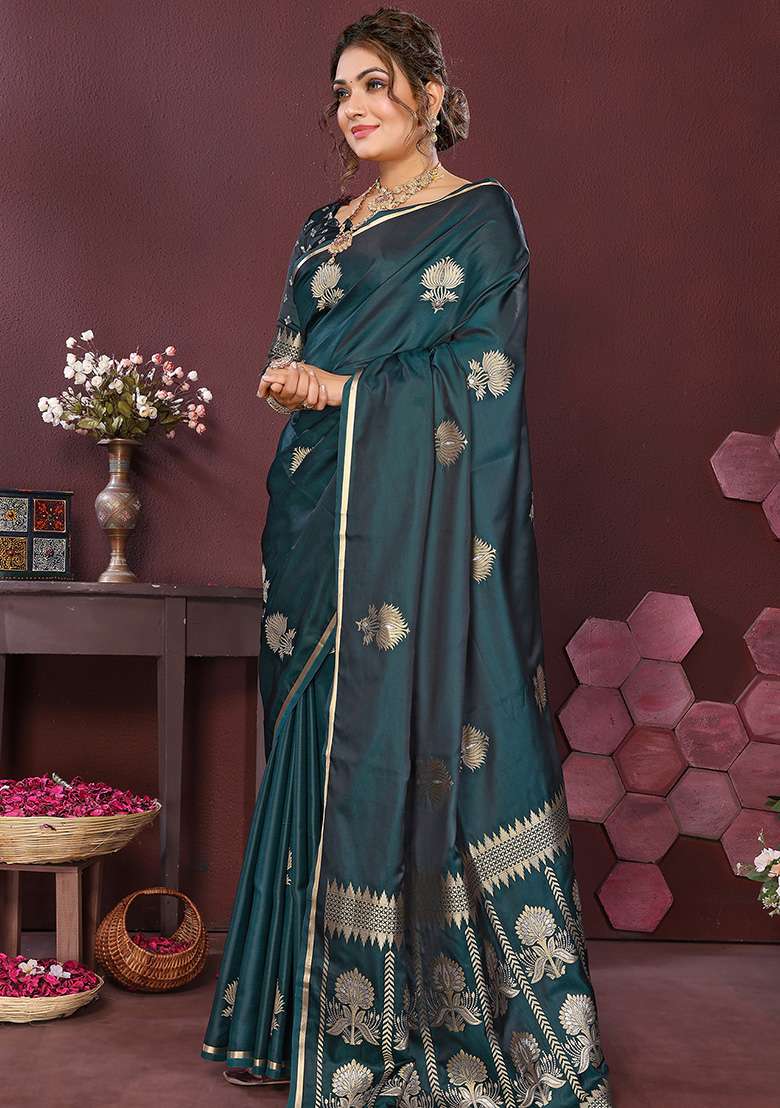 Emerald Green Floral Silk Blend Saree Set for Diwali | Wedding & Festive Wear - Indya