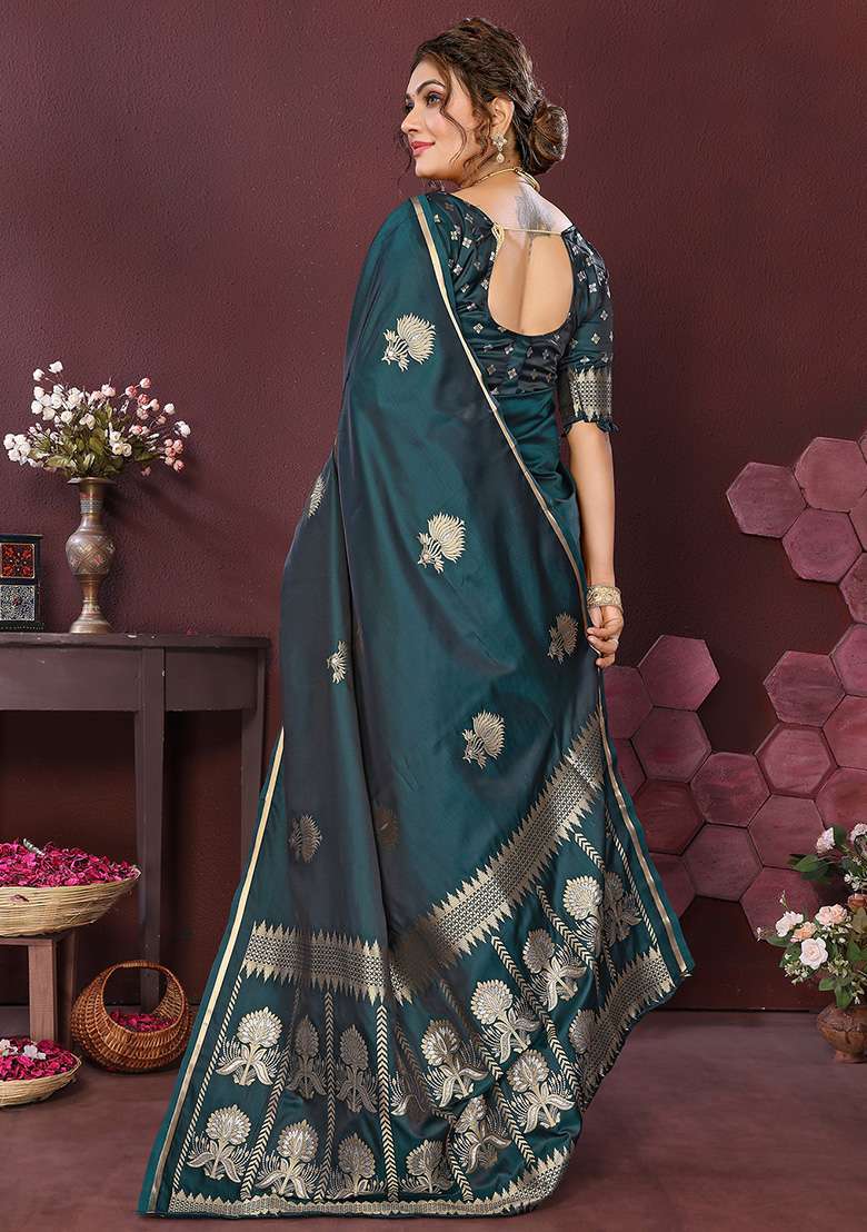 Emerald Green Floral Silk Blend Saree Set for Diwali | Wedding & Festive Wear - Indya