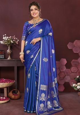 Royal Blue Floral Silk Saree Set