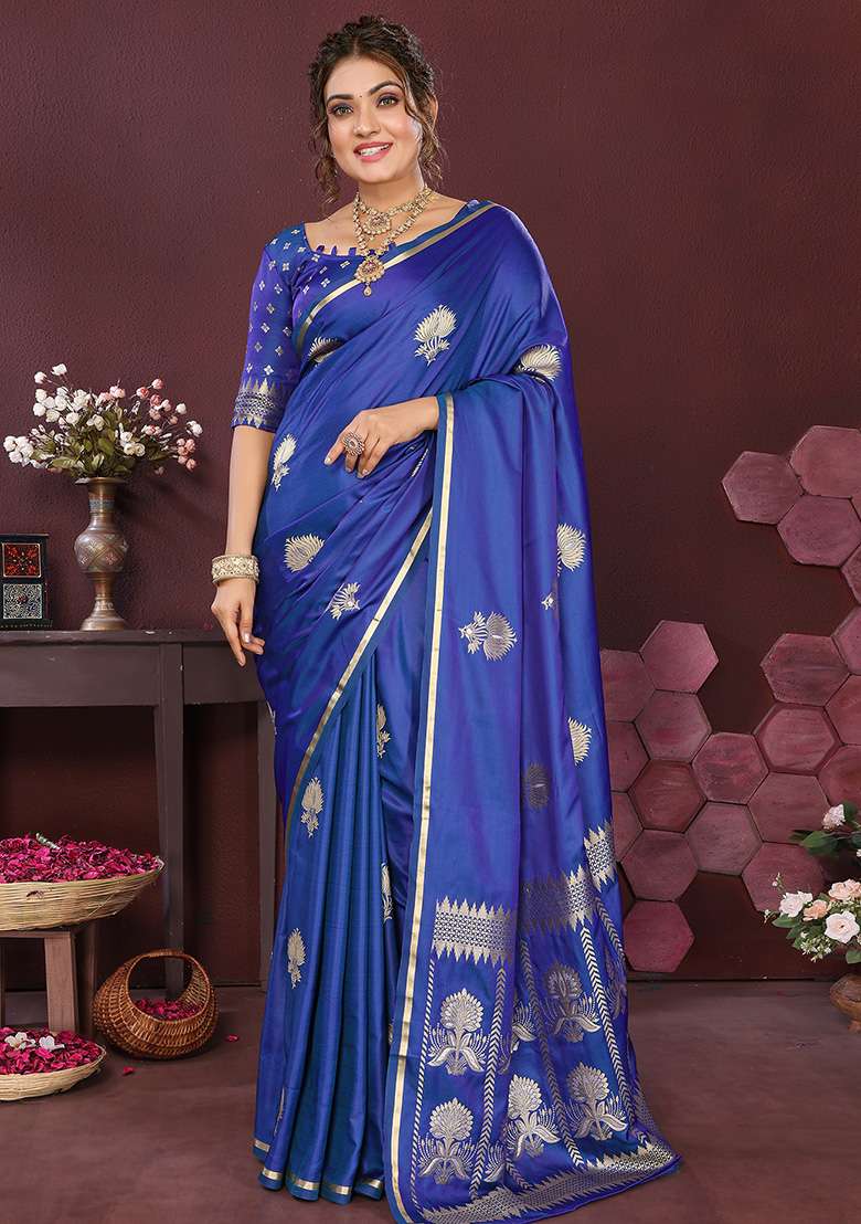 Royal Blue Floral Silk Blend Saree Set for Diwali and Festive Wear - Indya