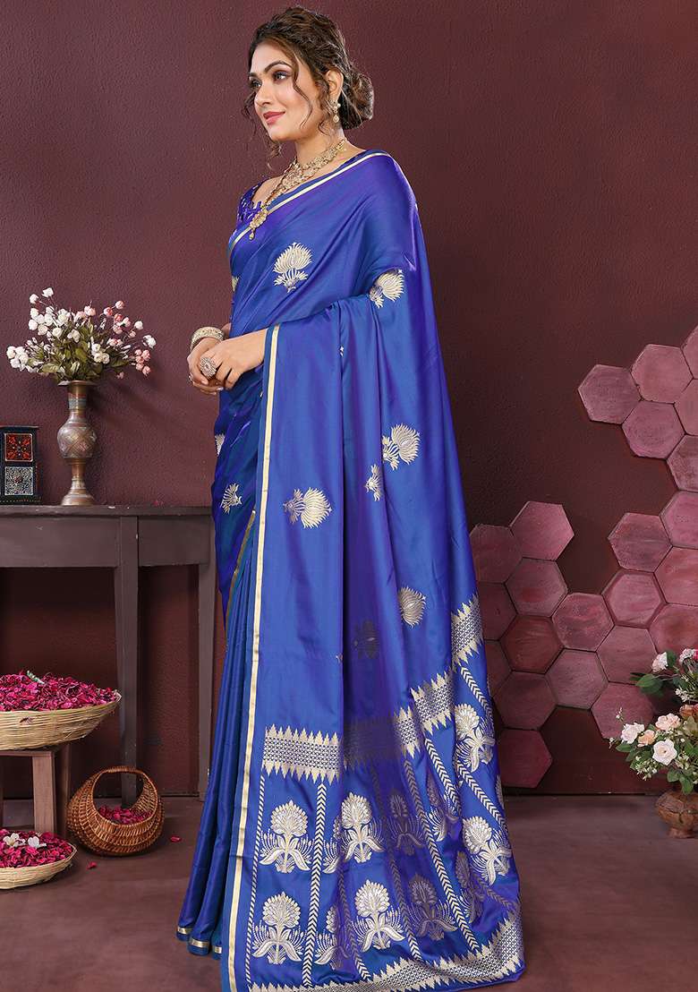 Royal Blue Floral Silk Blend Saree Set for Diwali and Festive Wear - Indya