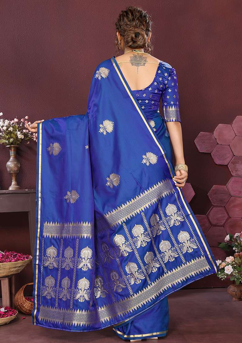 Royal Blue Floral Silk Blend Saree Set for Diwali and Festive Wear - Indya