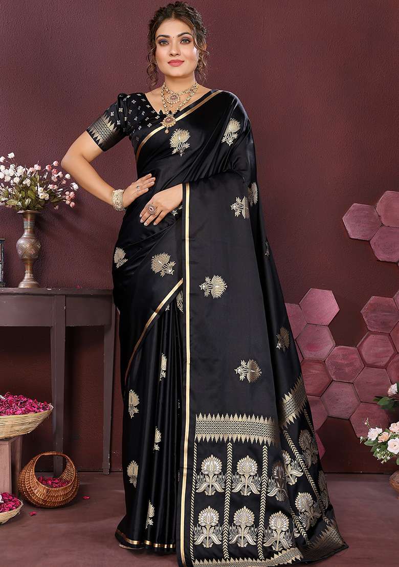 Black Floral Silk Blend Saree Set for Diwali and Festive Wear - Indya