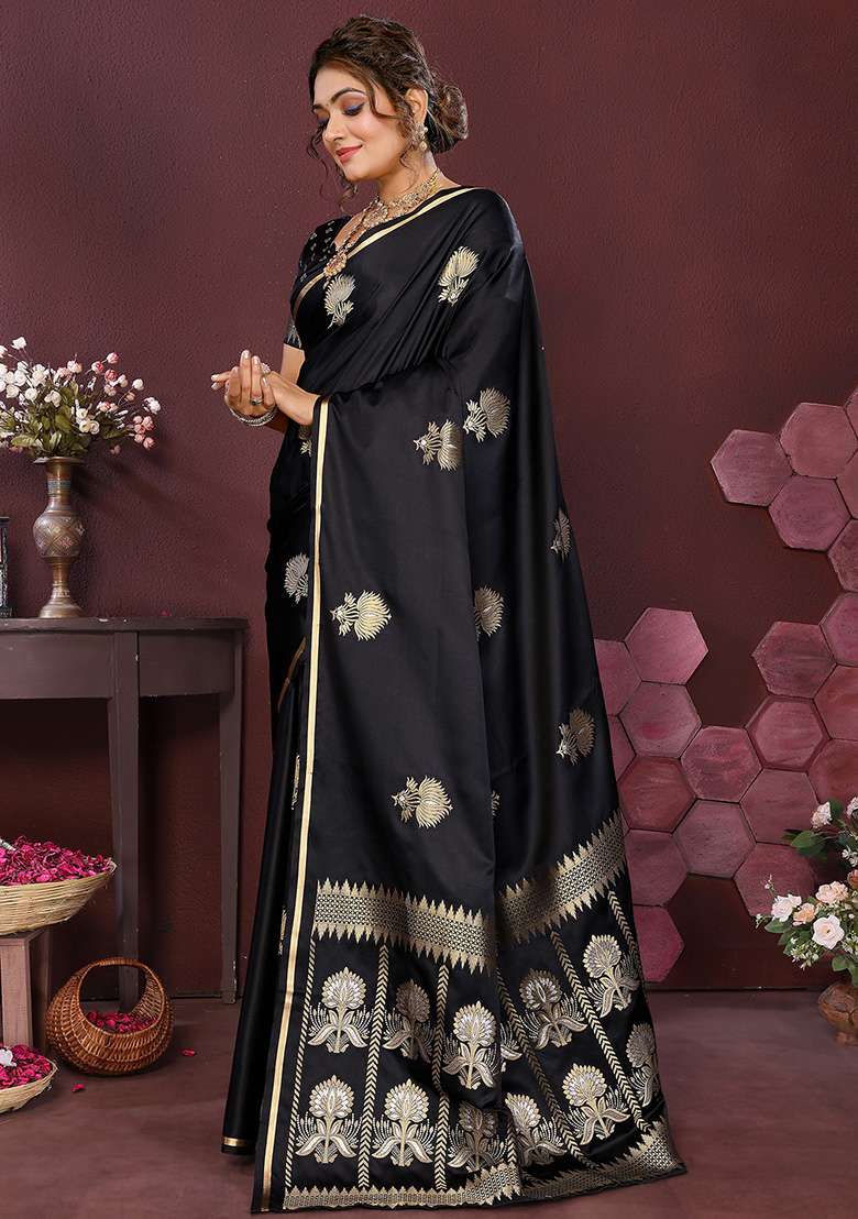 Black Floral Silk Blend Saree Set for Diwali and Festive Wear - Indya