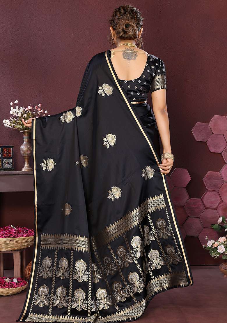 Black Floral Silk Blend Saree Set for Diwali and Festive Wear - Indya
