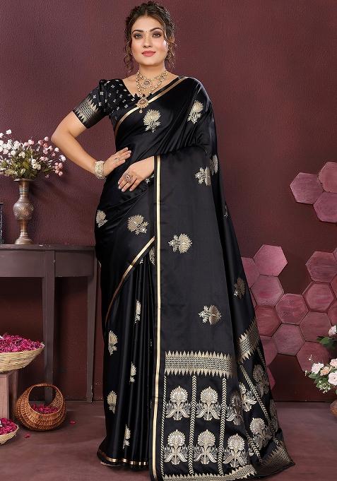Black Floral Silk Saree Set