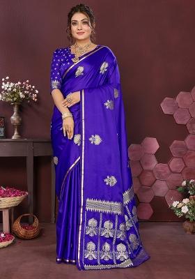 Royal Blue Floral Silk Saree Set