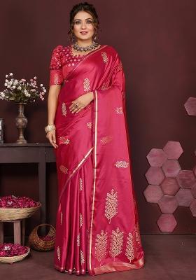 Pink Floral Silk Saree Set