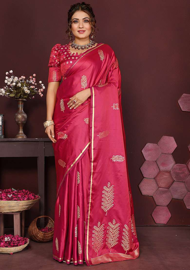 Pink Floral Silk Blend Saree Set for Diwali and Festive Wear - Indya