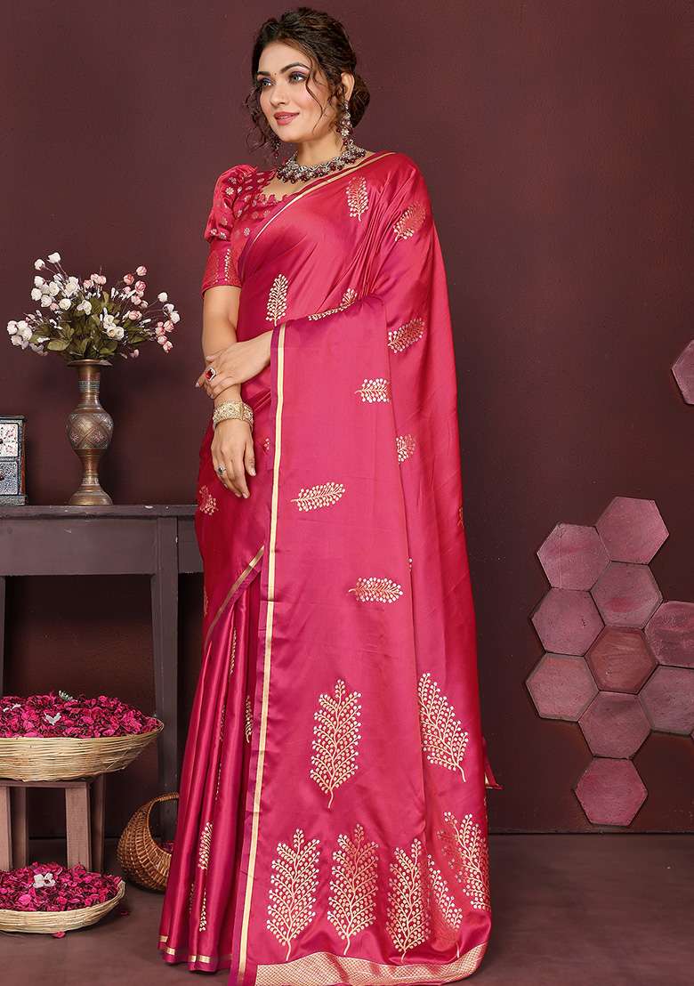 Pink Floral Silk Blend Saree Set for Diwali and Festive Wear - Indya