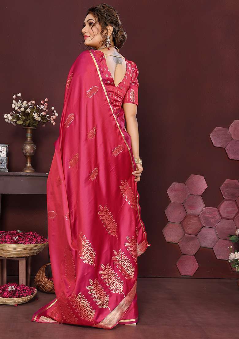 Pink Floral Silk Blend Saree Set for Diwali and Festive Wear - Indya