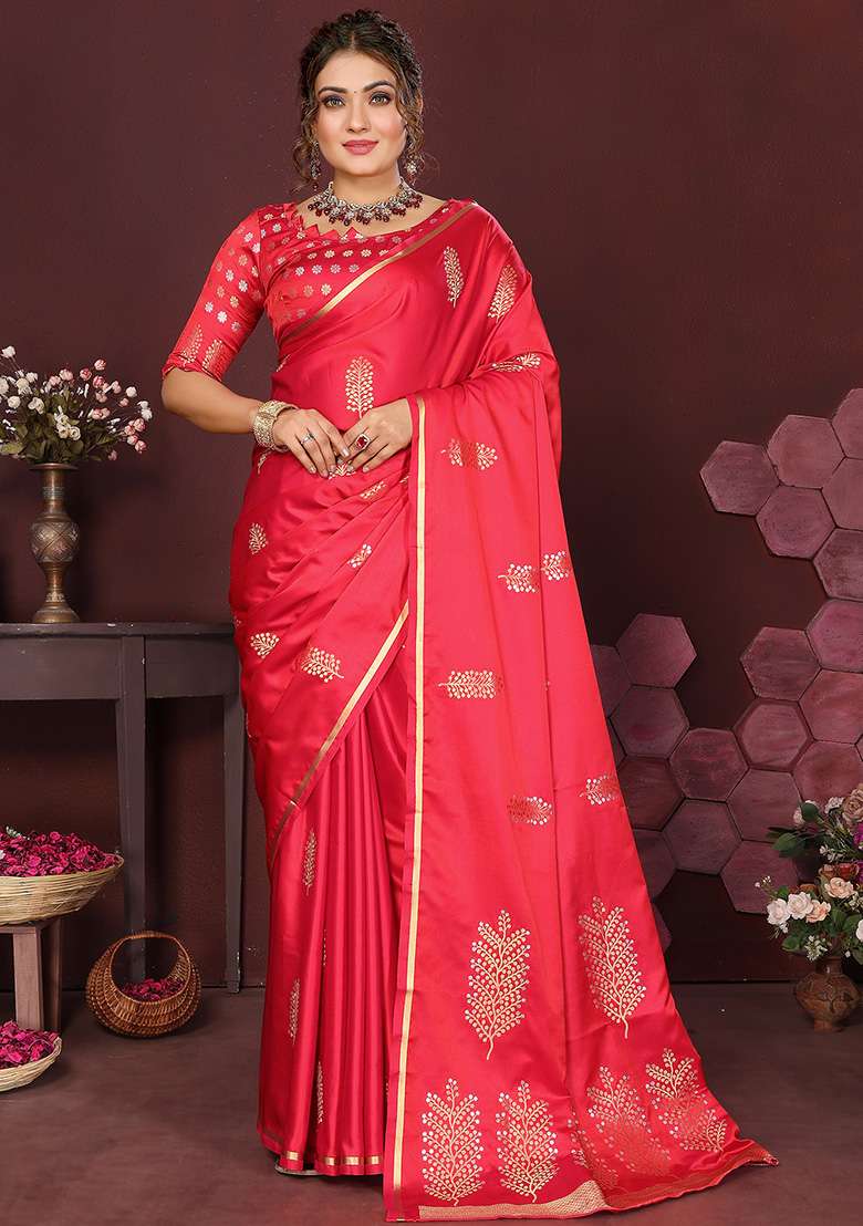 Redise Pink Floral Silk Blend Saree Set for Diwali and Festive Wear - Indya