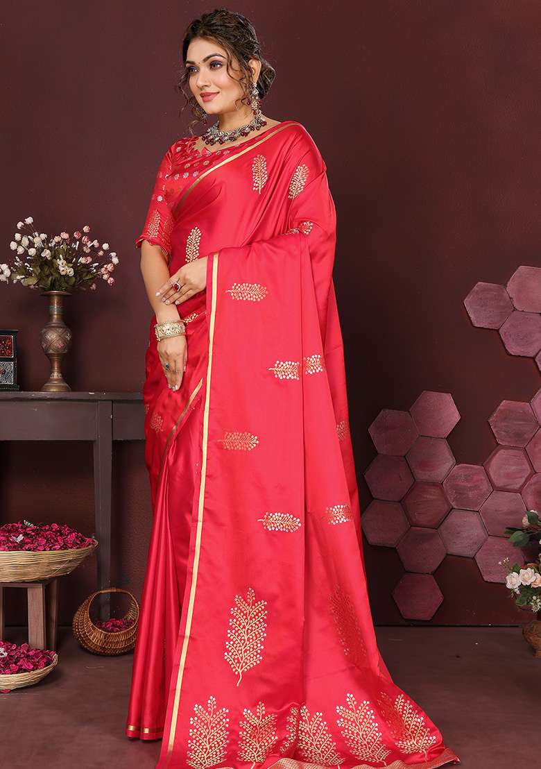 Redise Pink Floral Silk Blend Saree Set for Diwali and Festive Wear - Indya
