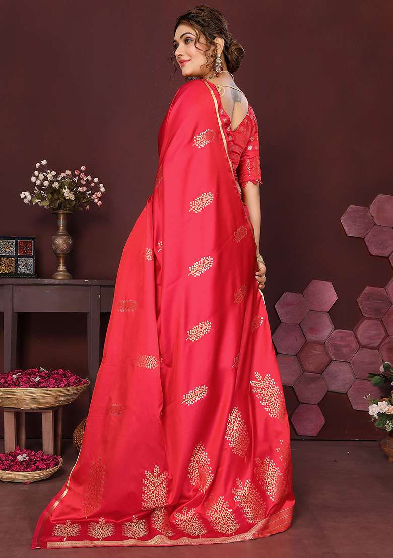 Redise Pink Floral Silk Blend Saree Set for Diwali and Festive Wear - Indya