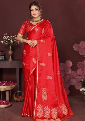Red Floral Silk Saree Set